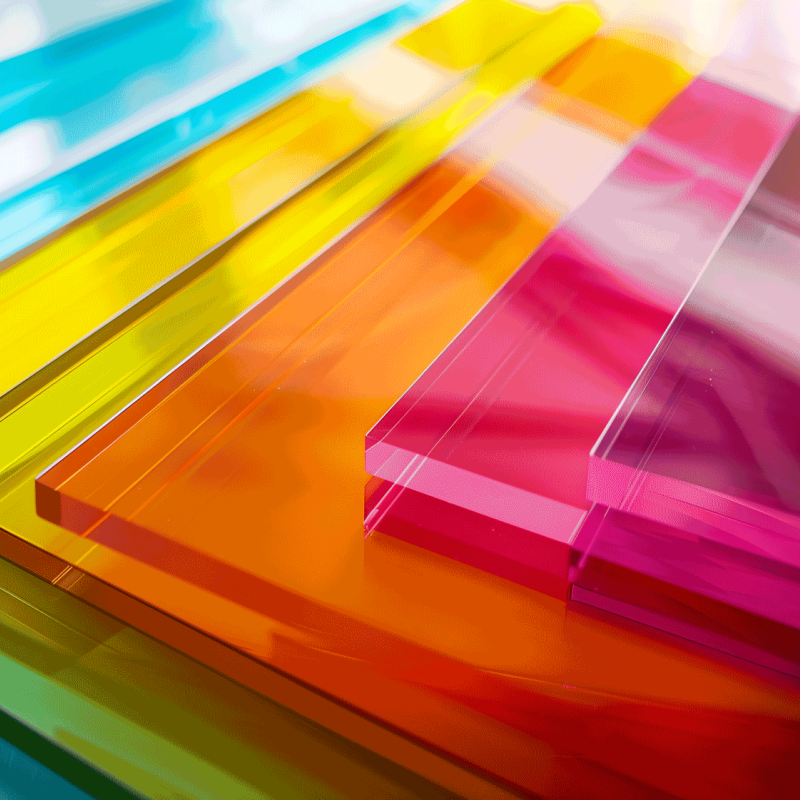 Thick sheets of transparent plexiglass in bright colors lying on top of each other