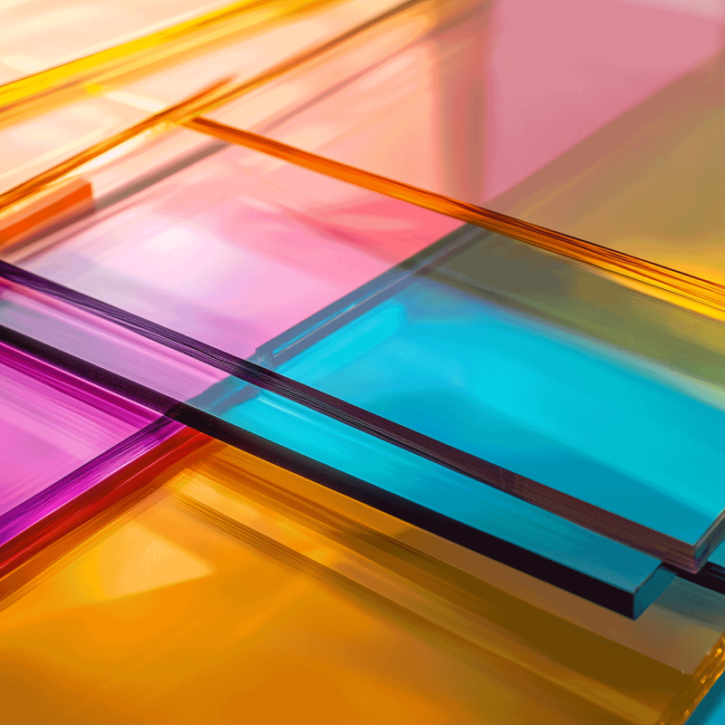 Abstract composition of multi-colored sheets of transparent plexiglass, arranged overlapping. Bright shades of yellow, blue, pink and orange create an effect of shimmer and light.